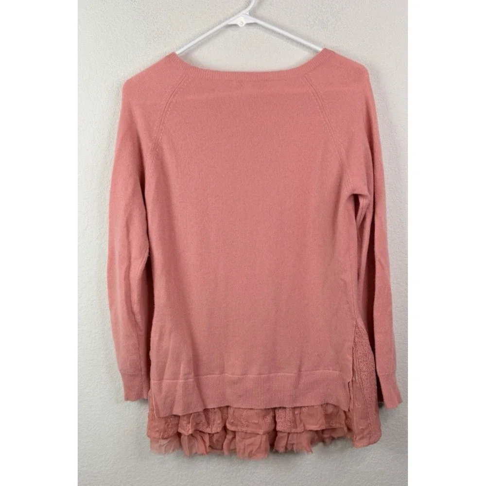 Garnet Hill 100% Cashmere Sweater Womens S Salmon Pink Ruffle Lace Hem Old Money